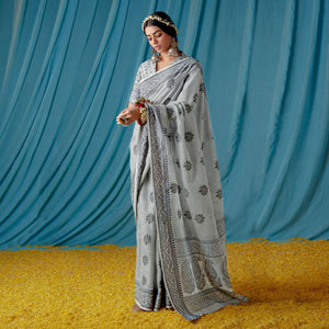 Grey Thread Woven Cotton Silk Saree