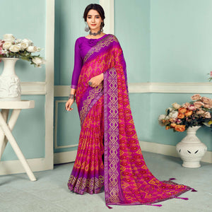 Dark Pink Digital Bandhani Printed Chiffon Saree With Tassels