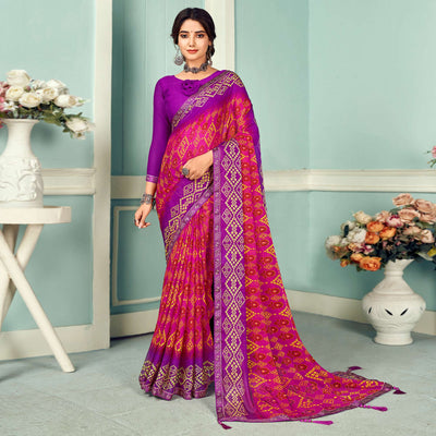 Dark Pink Digital Bandhani Printed Chiffon Saree With Tassels