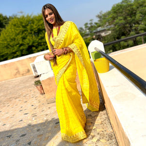 Lemon Yellow Checks With Embroidered Border Modal Saree
