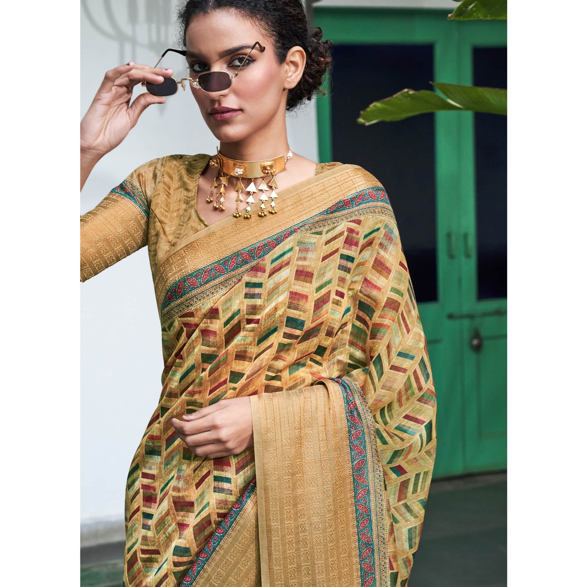 Chikoo Digital Printed Linen Saree
