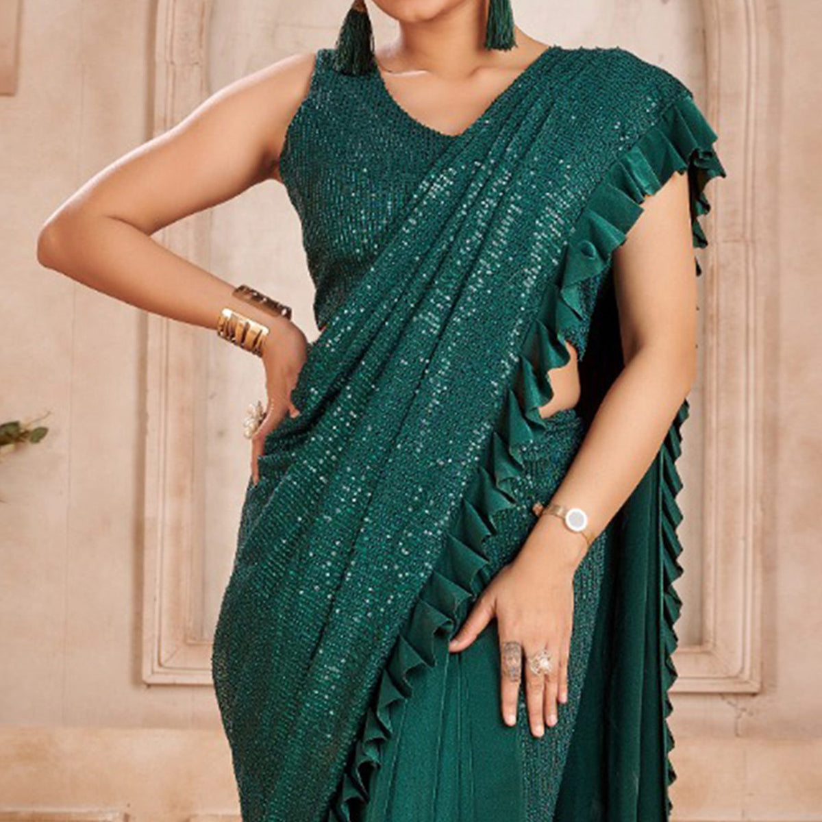 green-sequence-embroidered-ready-to-wear-lycra-and-netted-saree