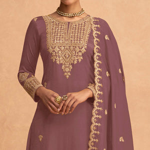 Mauve Sequins Embroidered Georgette Palazzo Suit
