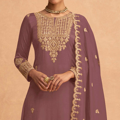 Mauve Sequins Embroidered Georgette Palazzo Suit