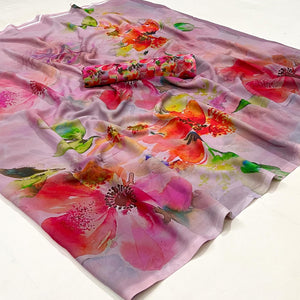 Mauve Floral Digital Printed Georgette Saree