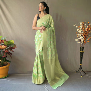 green-floral-woven-linen-saree