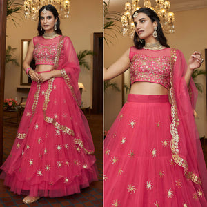 Bright Pink Sequins Embroidered Netted Lehenga Choli