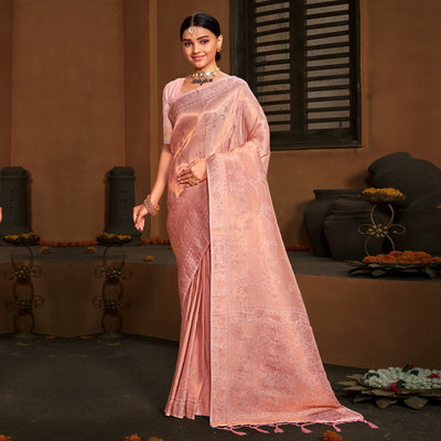 Light Pink Woven Art Silk Saree With Tassels