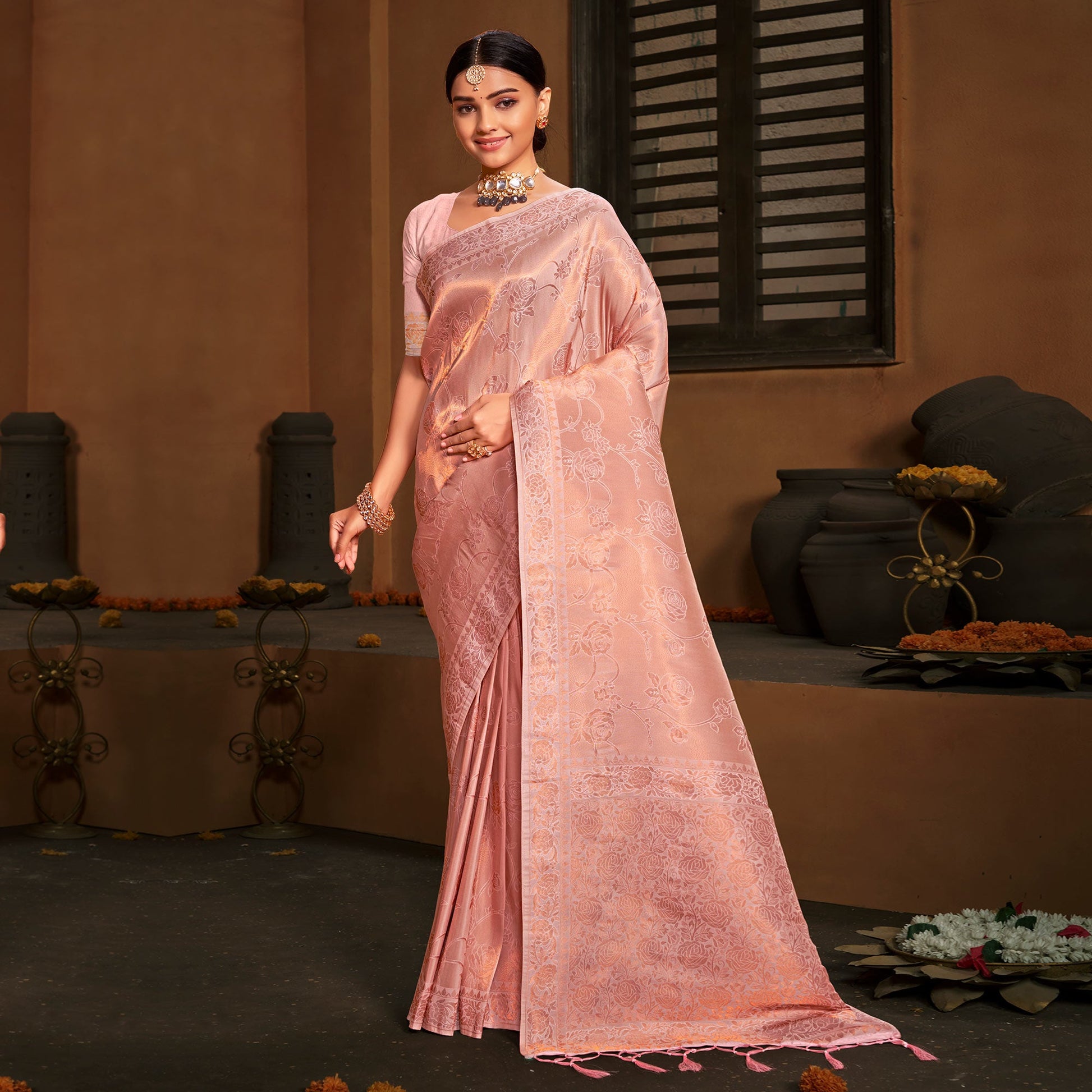 Light Pink Woven Art Silk Saree With Tassels