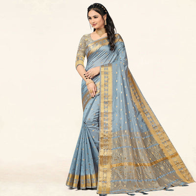 Grey Woven Assam Silk Saree With Tassels