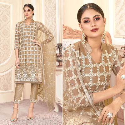 Brown Sequins Embroidered Net Semi Stitched Suit