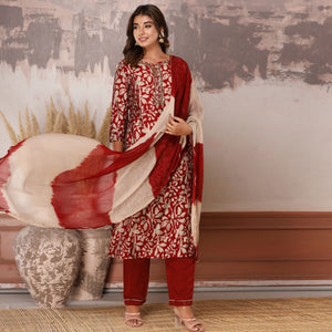 Dark Red Floral Printed Muslin Salwar Suit