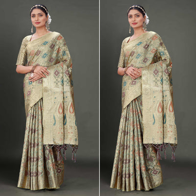 Grey Woven Organza Saree With Tassels