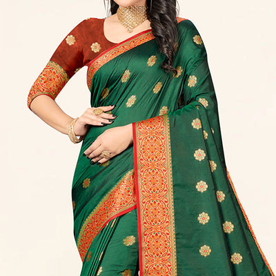 Dark Green Woven Art Silk Saree With Tassels