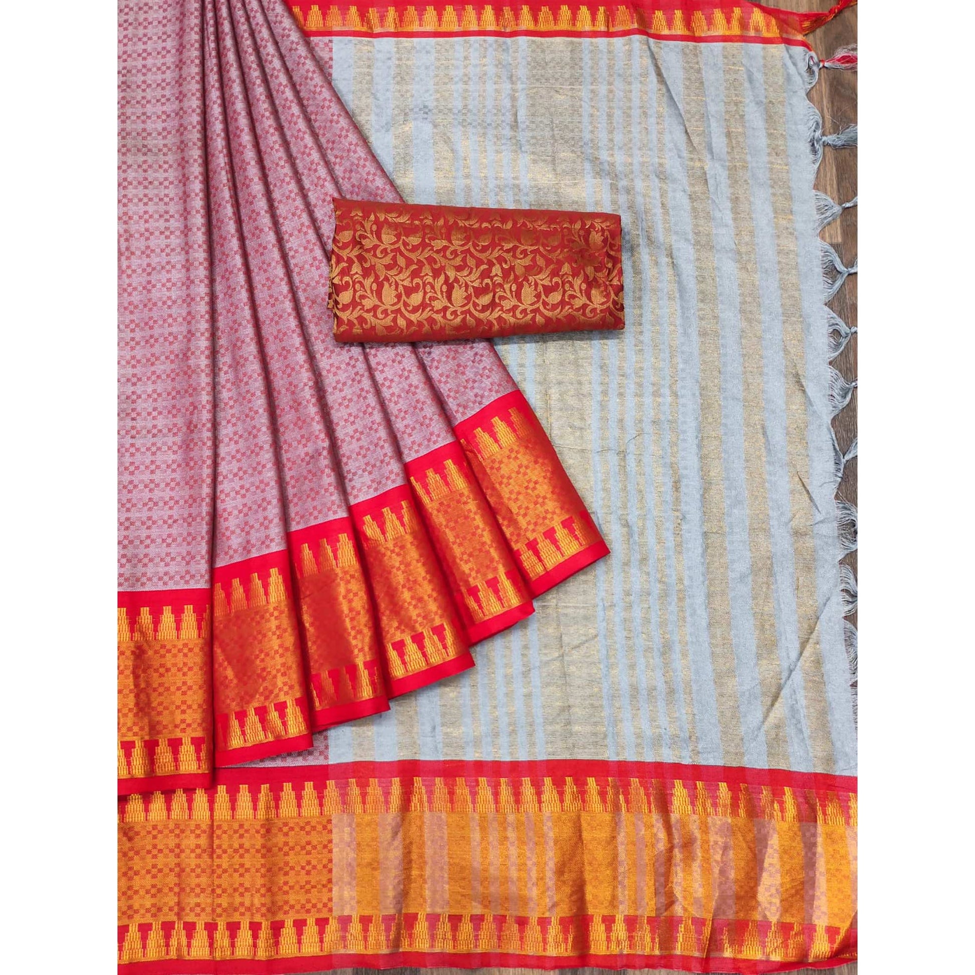 Grey Woven Cotton Silk Saree With Tassels