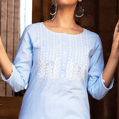 Light Blue Embroidered Pure Cotton Kurti