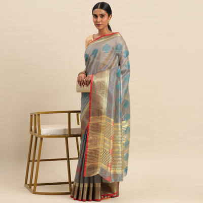 Grey Woven Organza Saree