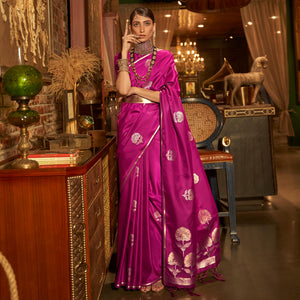 Magenta Pink Floral Woven Satin Saree With Tassels