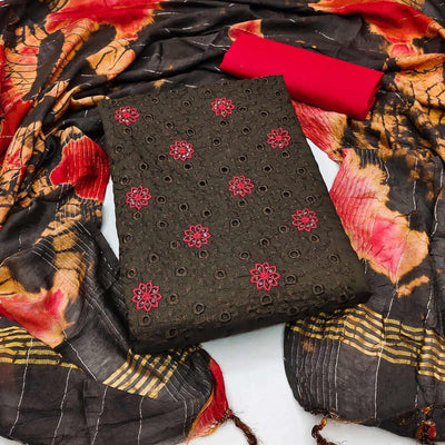Dark Brown Embroidered Sequins Cotton Blend Dress Material