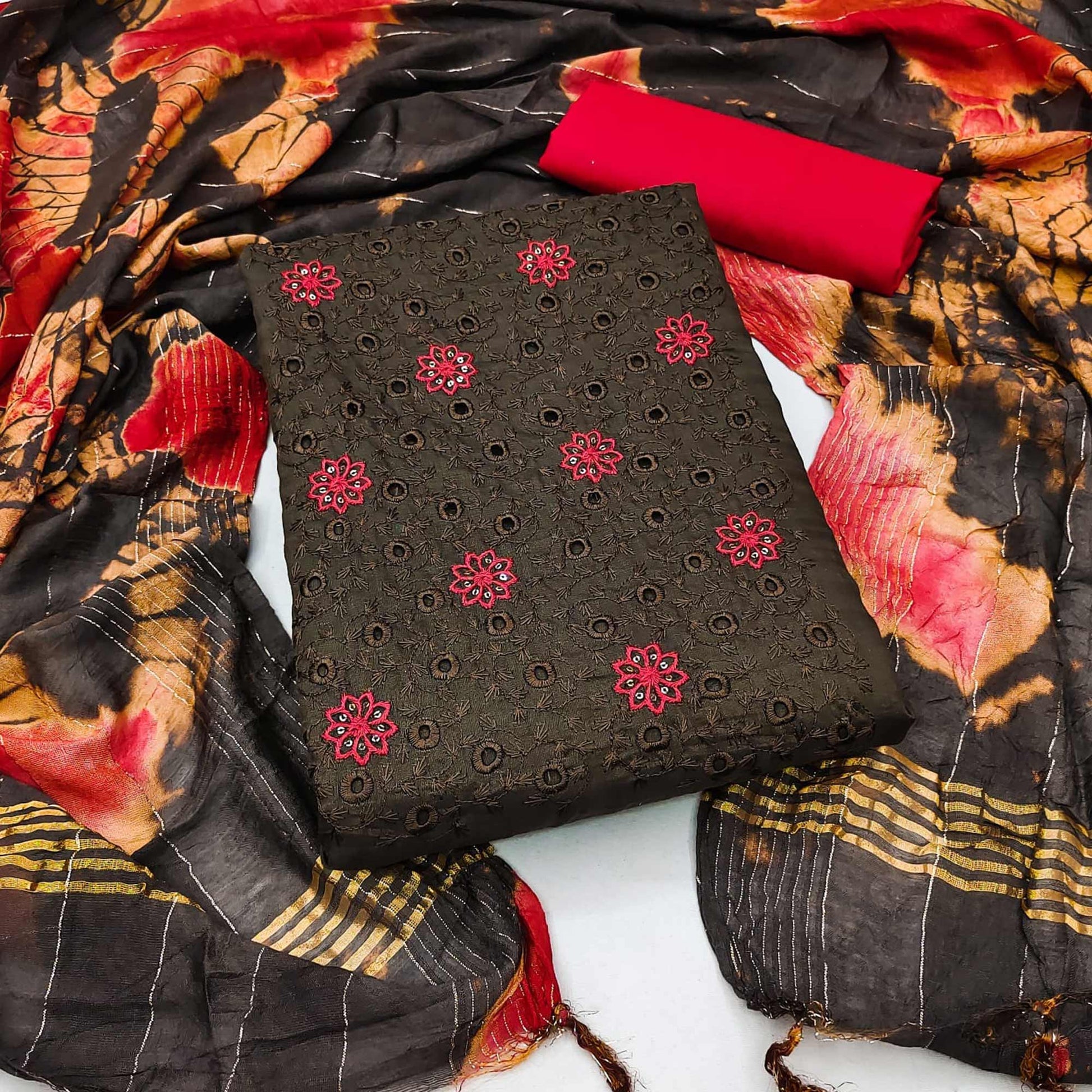 Dark Brown Embroidered Sequins Cotton Blend Dress Material