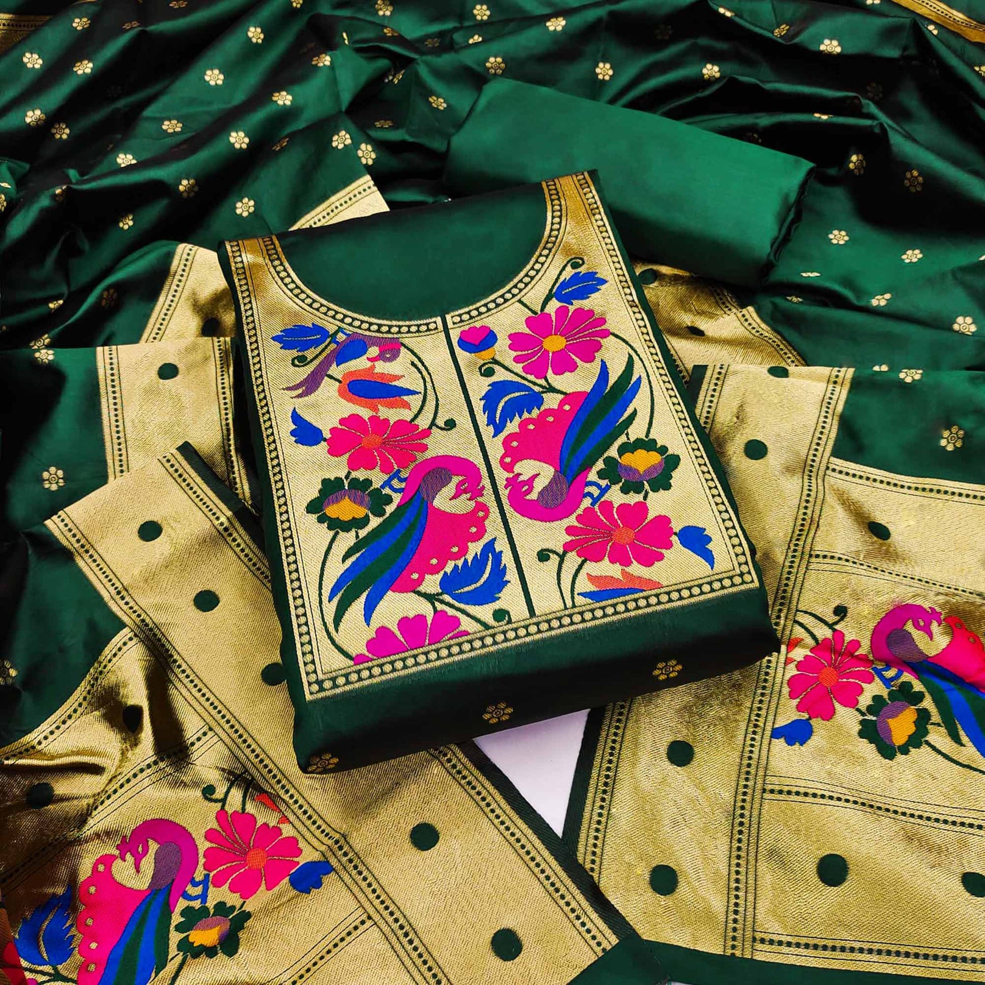 green-woven-banarasi-silk-paithani-dress-material