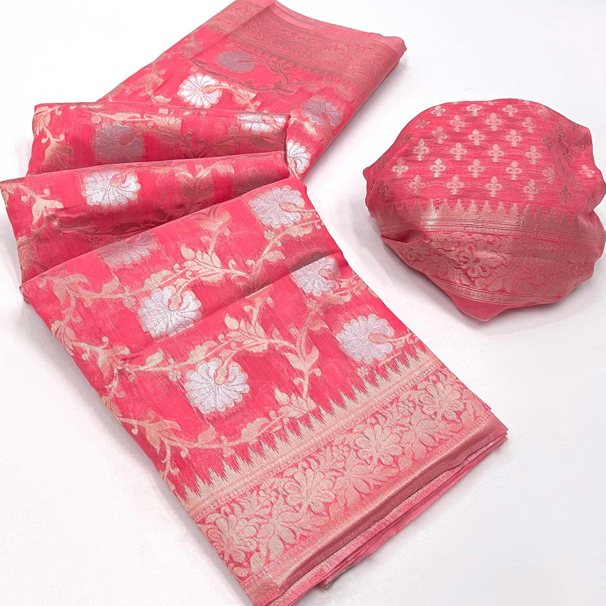 Gajari Pink Floral Woven Linen Saree