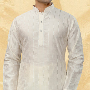 Cream Sequins Embroidered Art Silk Kurta Pyjama Set