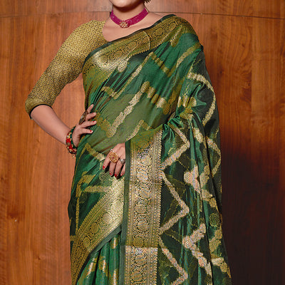 Bottle Green Woven Organza Saree