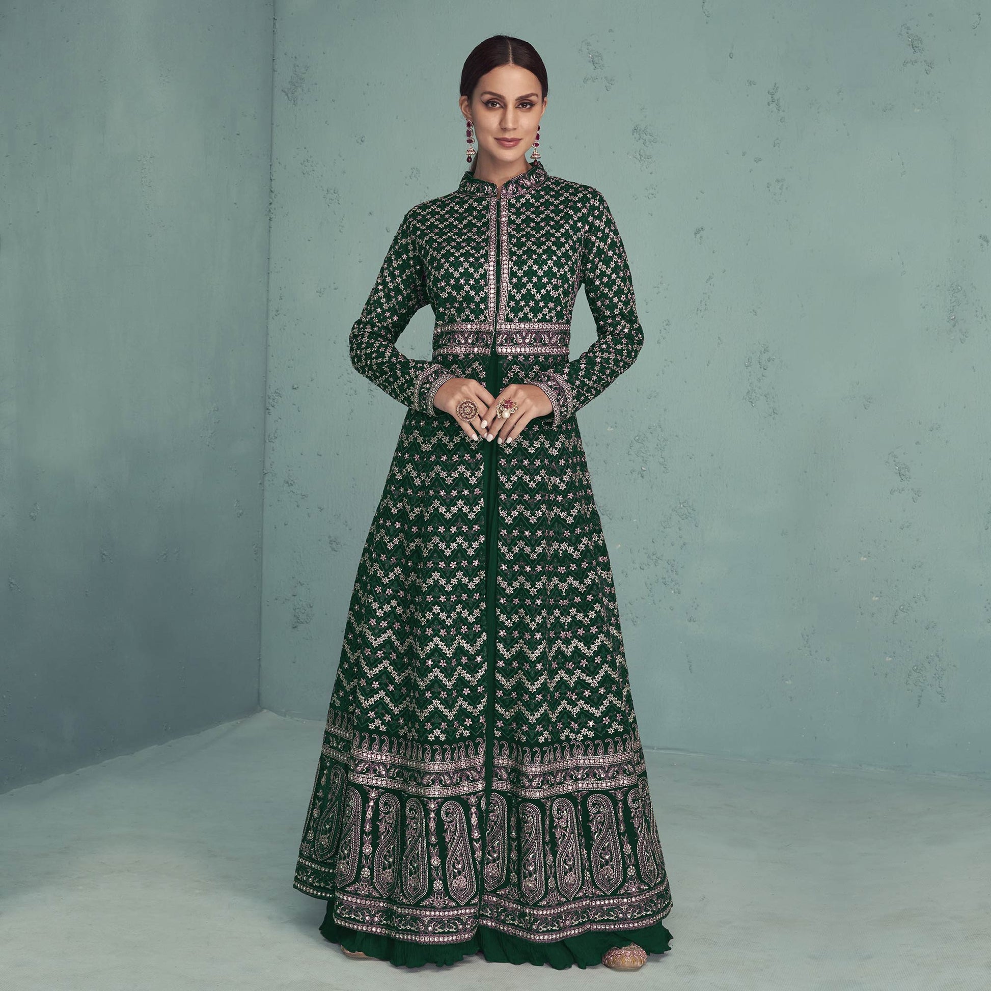 green-floral-embroidered-georgette-front-slit-suit