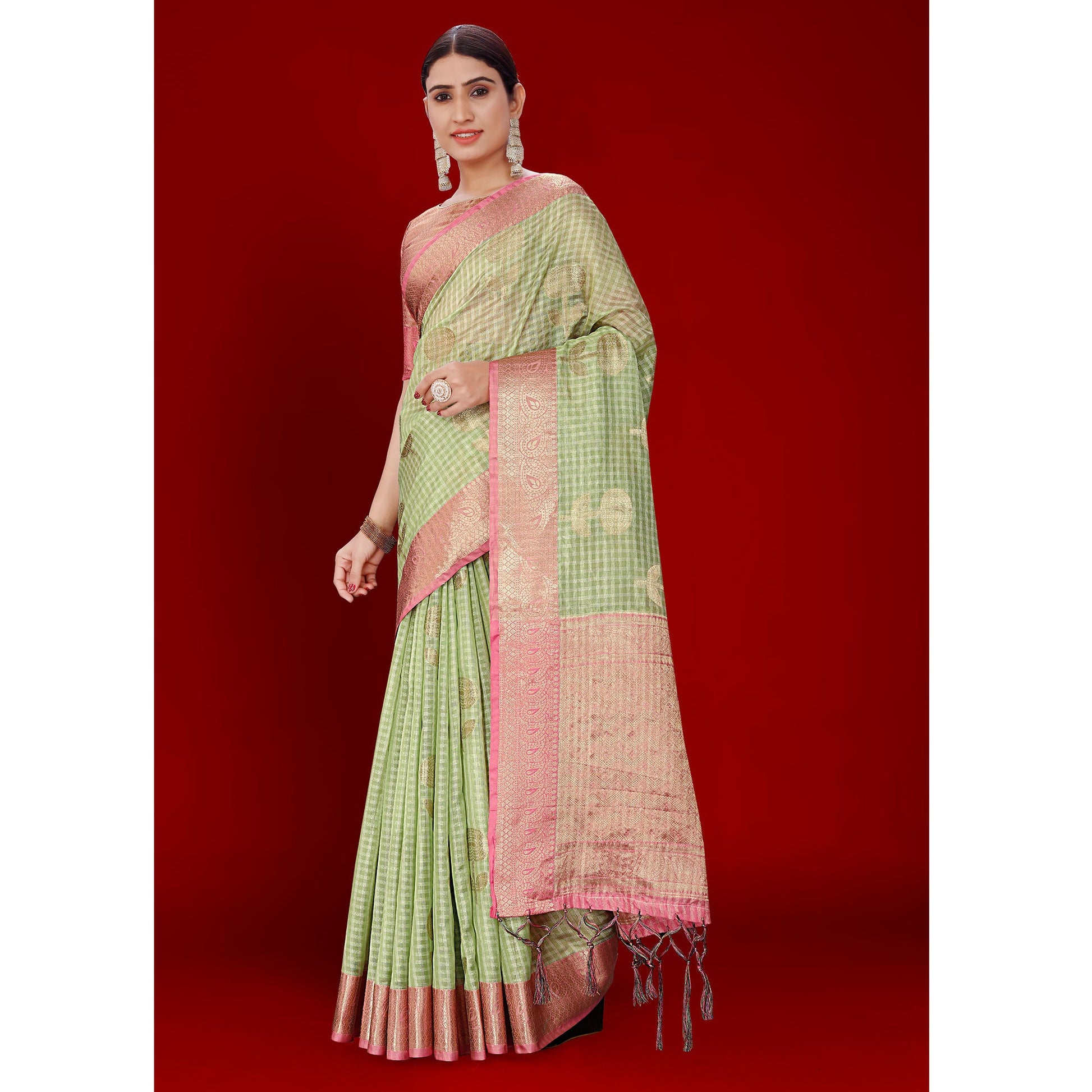 green-floral-woven-organza-saree-with-tassels-1