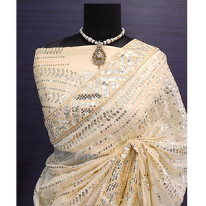 Cream Sequins Embroidered Georgette Saree