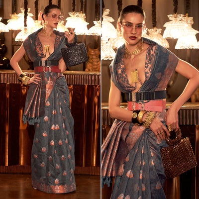 Grey Woven Linen Saree With Tassels