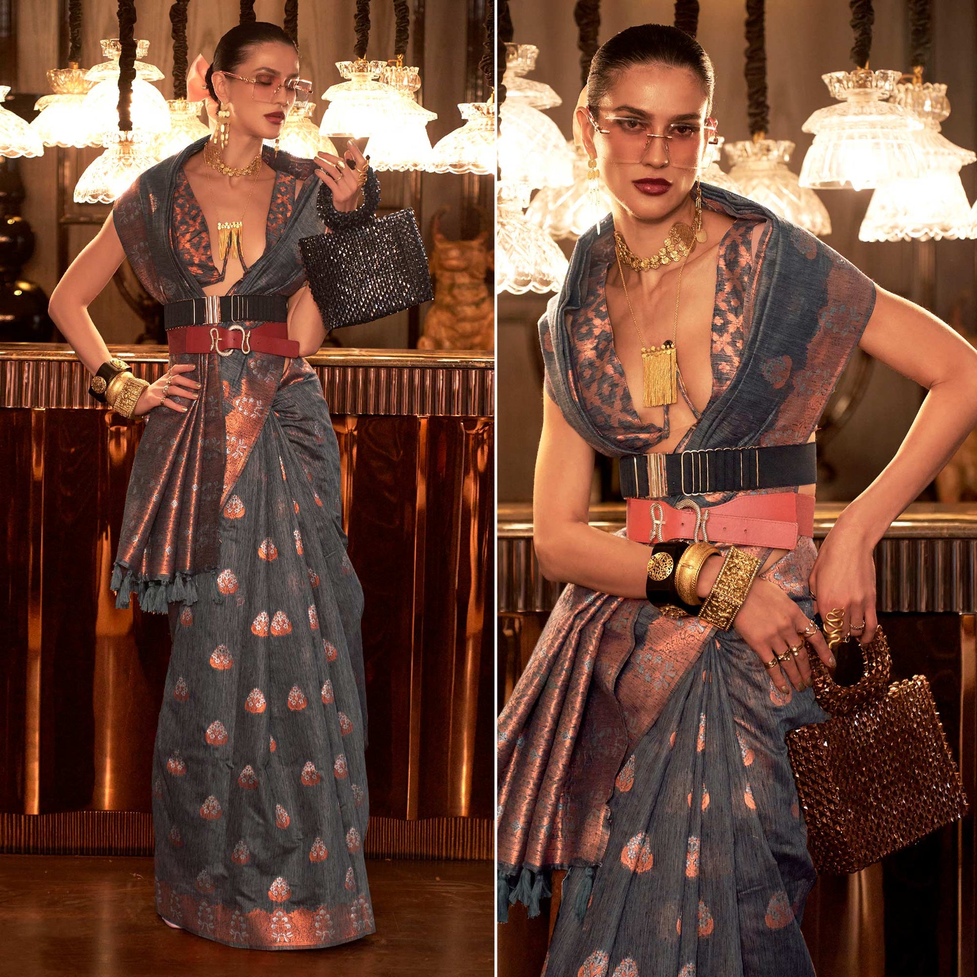 Grey Woven Linen Saree With Tassels