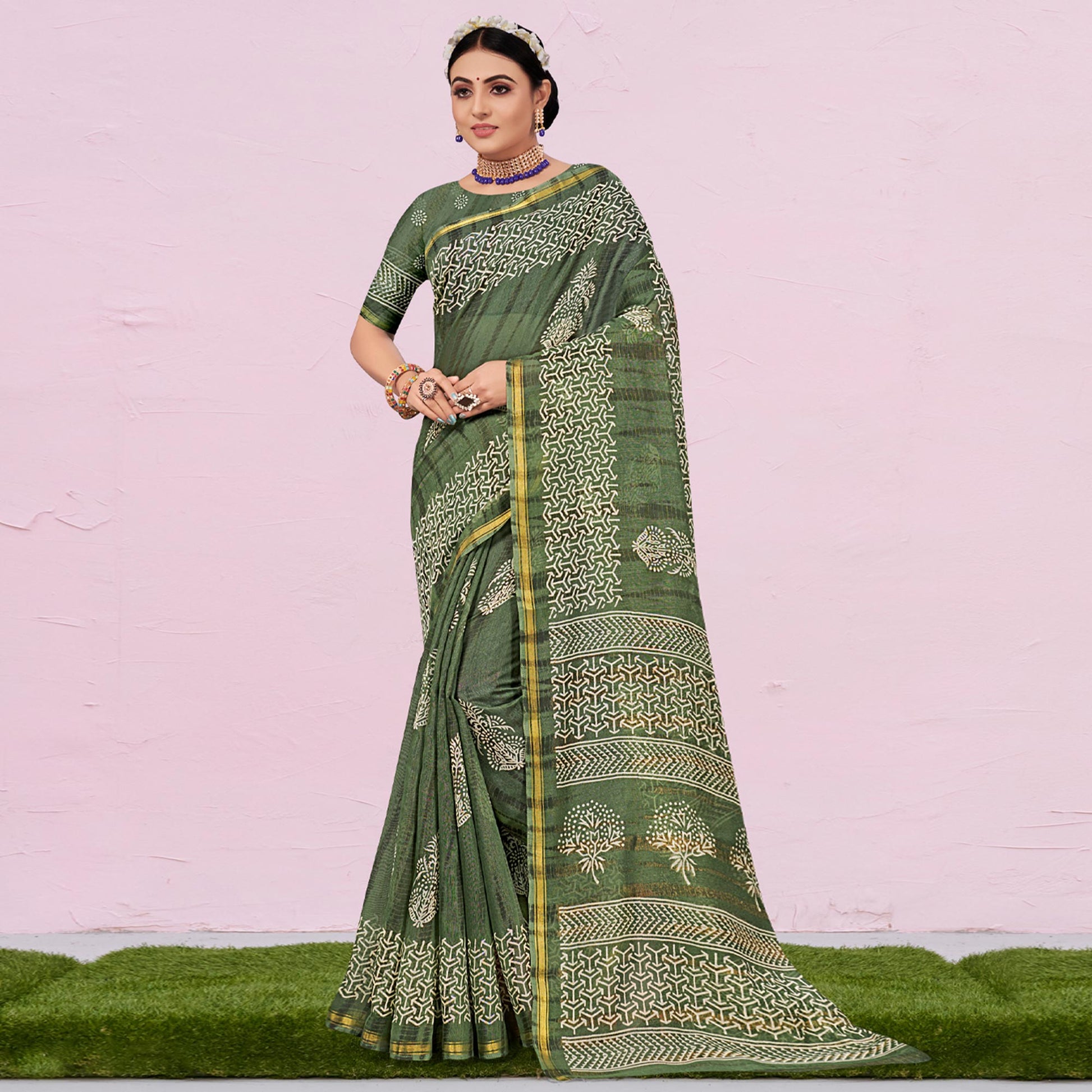 green-printed-cotton-saree-2