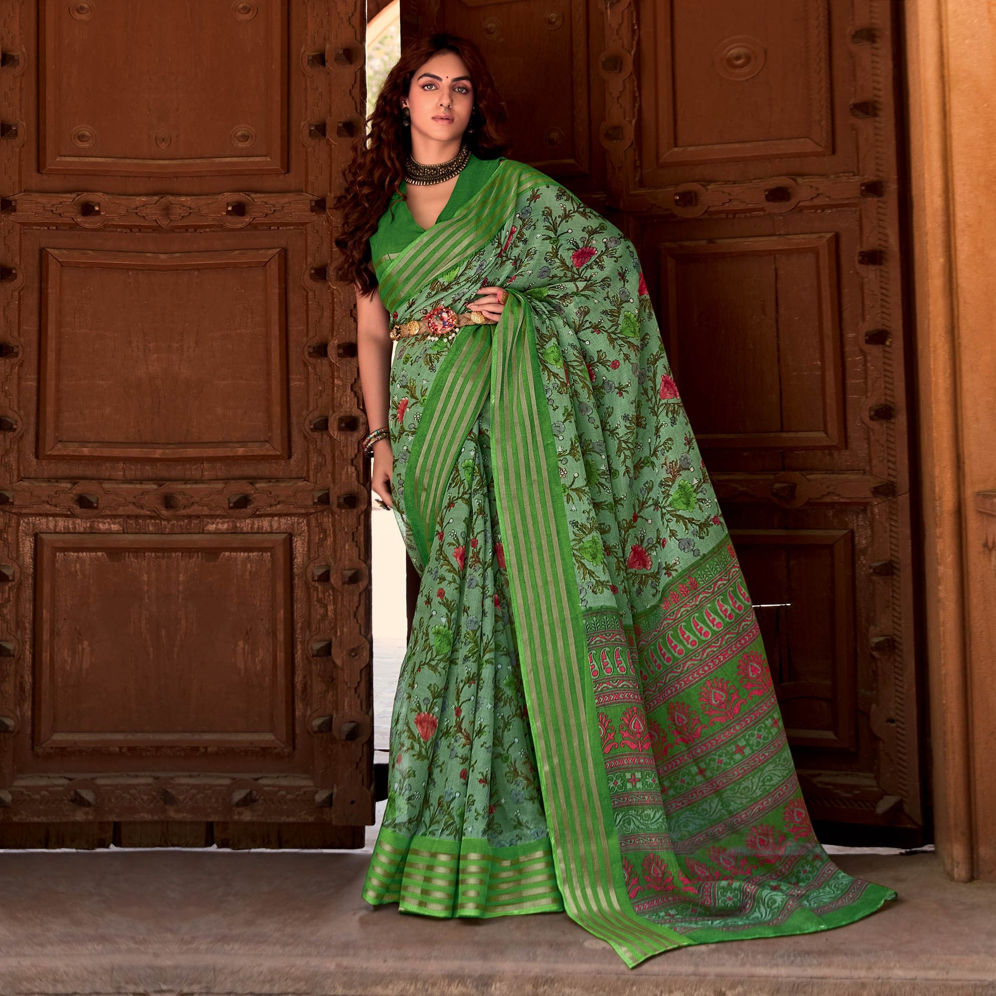 green-floral-printed-linen-saree