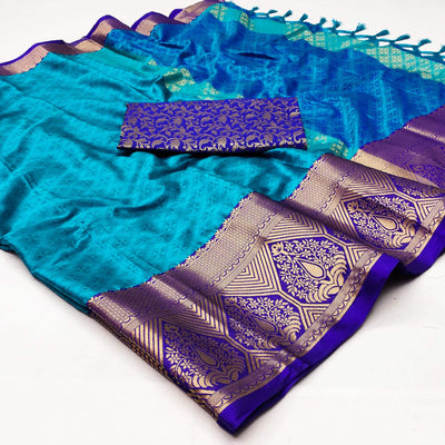 Blue Woven Cotton Silk Saree With Tassels