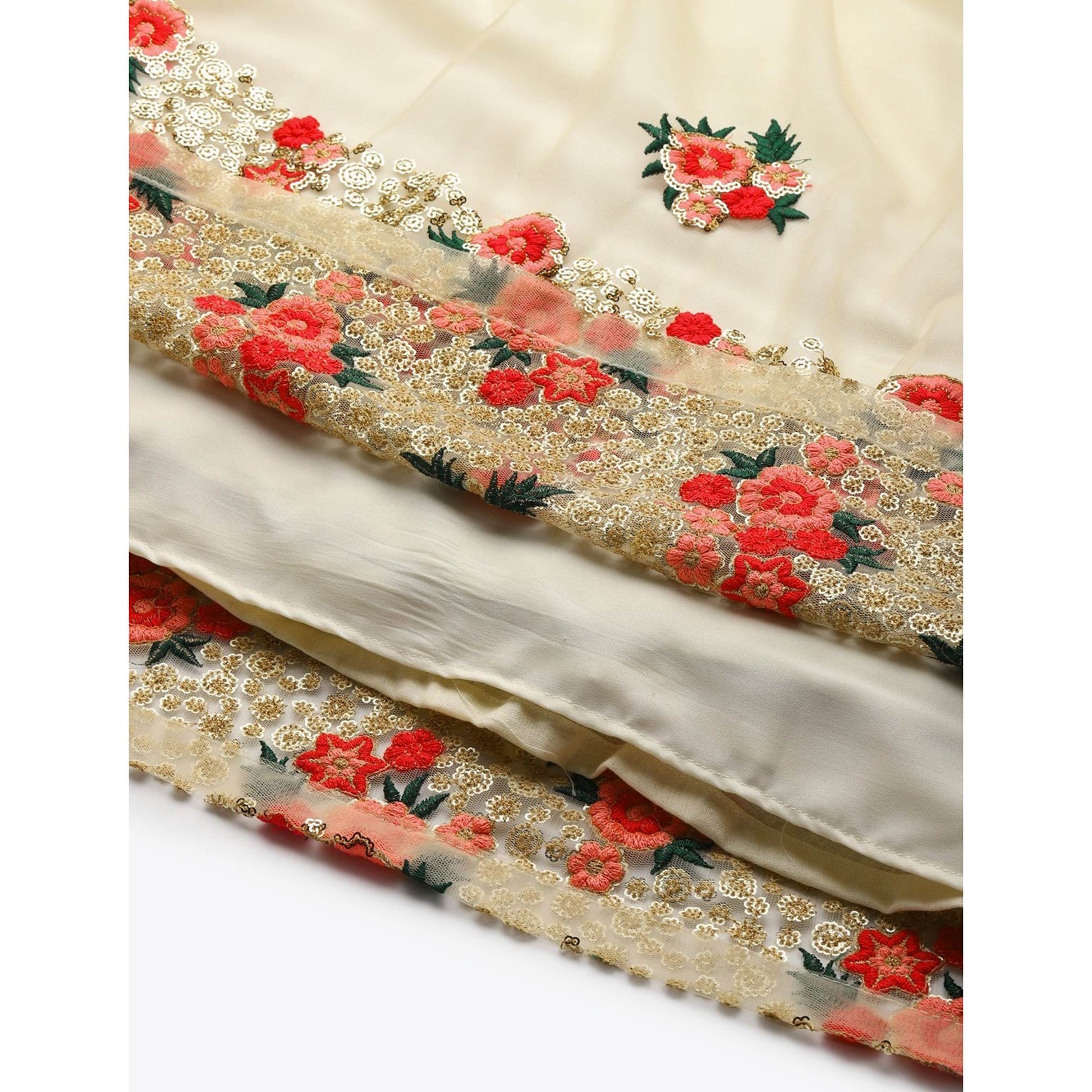 Cream Floral Embroidered Netted Lehenga Choli