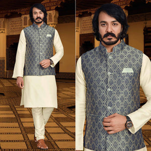 Cream Blue Woven Art Silk Kurta Pyjama Set With Jacket