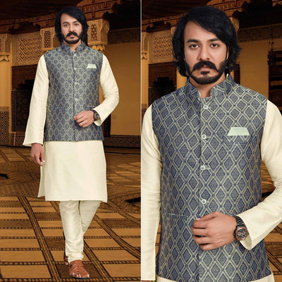 Cream Blue Woven Art Silk Kurta Pyjama Set With Jacket