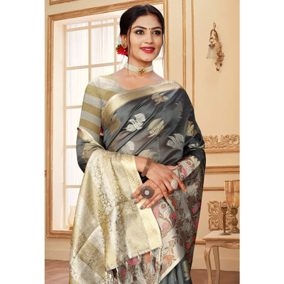 7grey-floral-woven-organza-saree-with-tassels