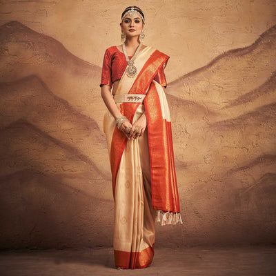 Cream Woven Art Silk Saree With Tassels