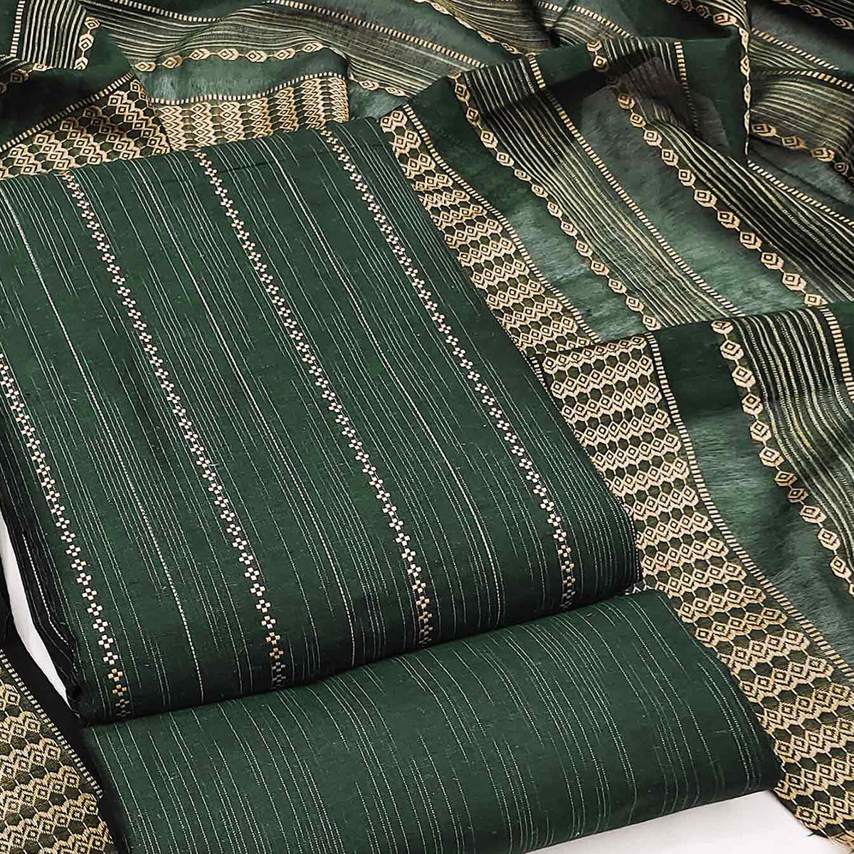 Bottle Green Woven Cotton Blend Dress Material