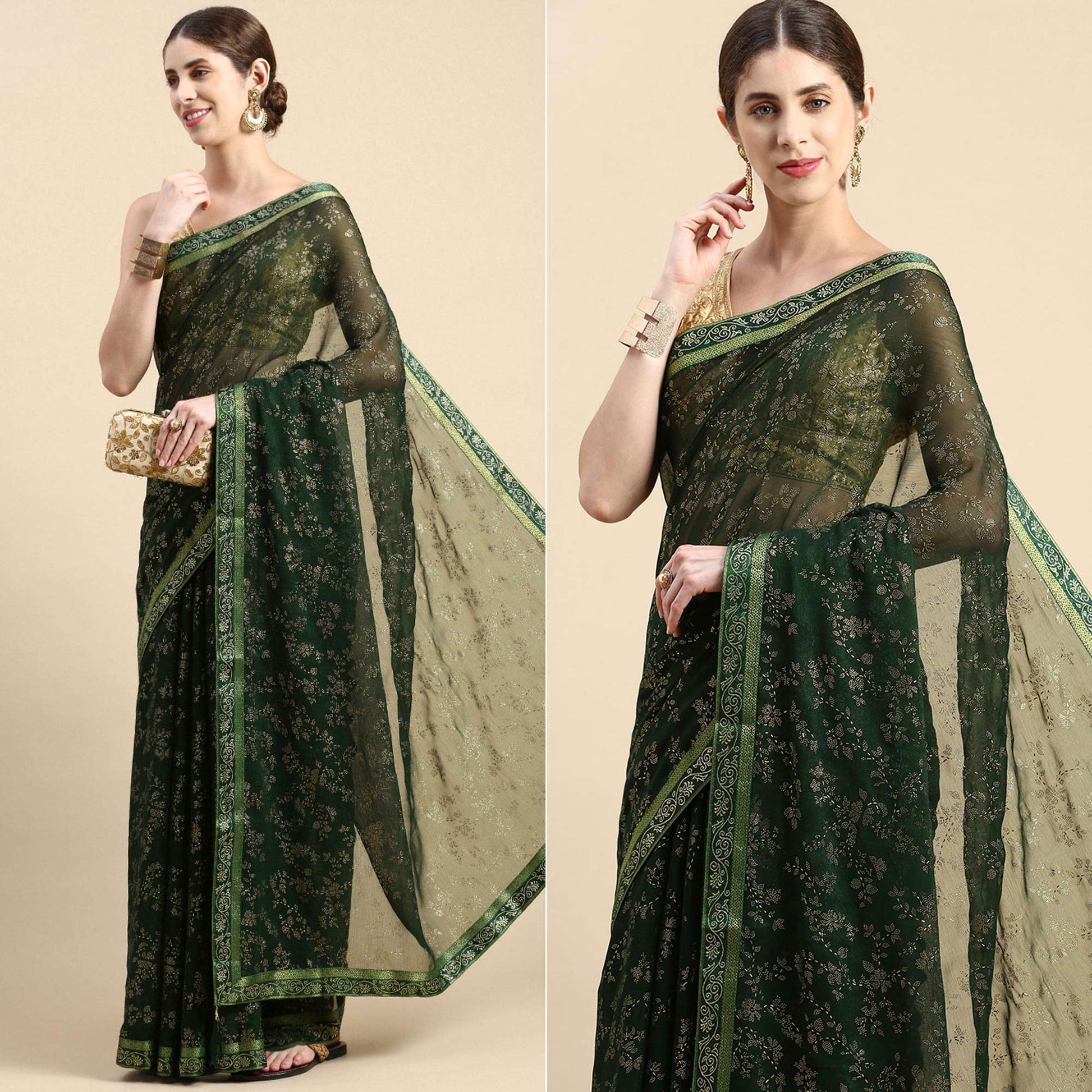 green-floral-foil-printed-shimmer-saree