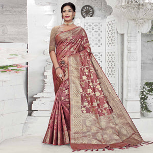 Mauve Floral Woven Organza Saree With Tassels