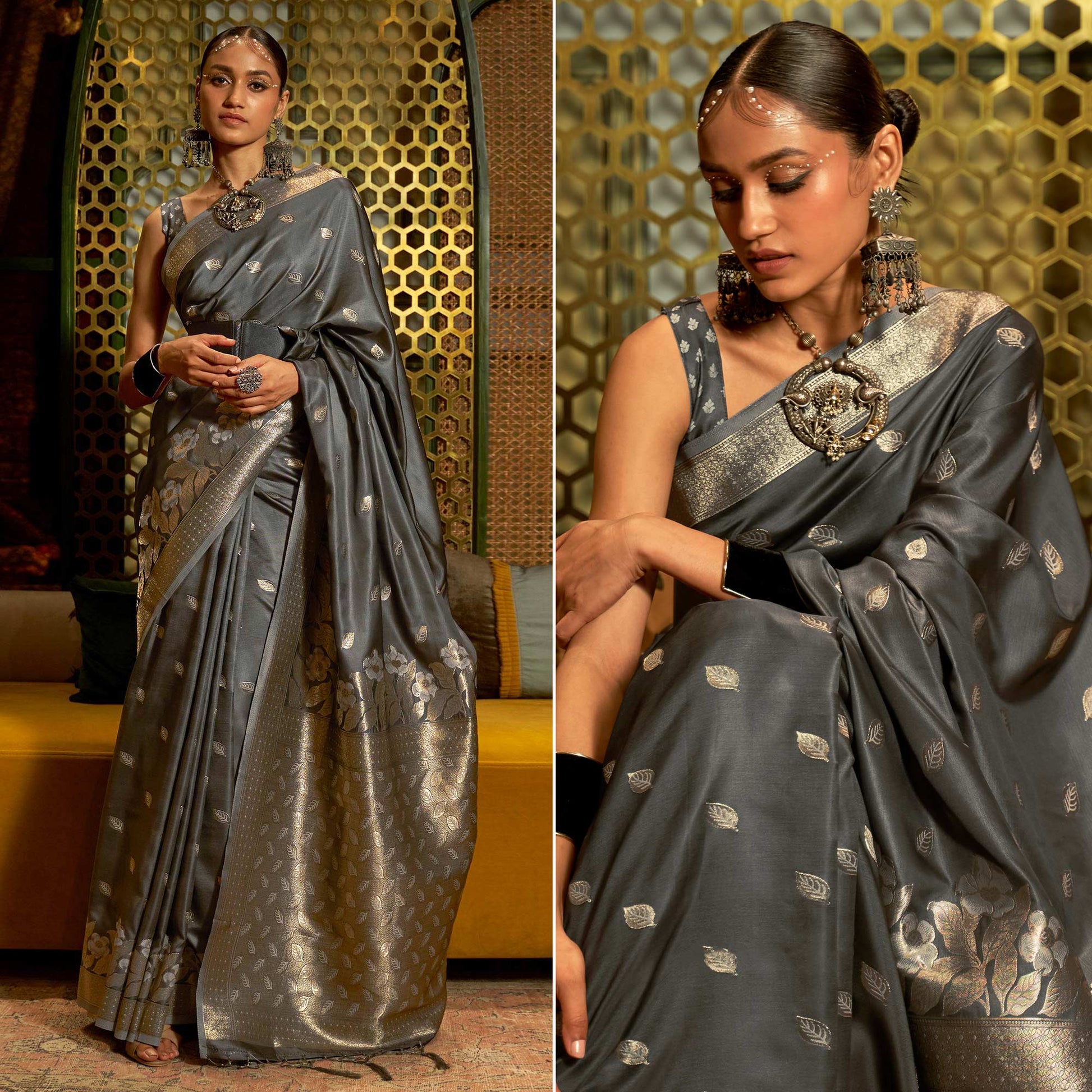Grey Woven Satin Saree With Tassels