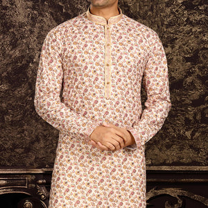 Cream Lucknowi And Digital Printed Cotton Kurta Pyjama Set