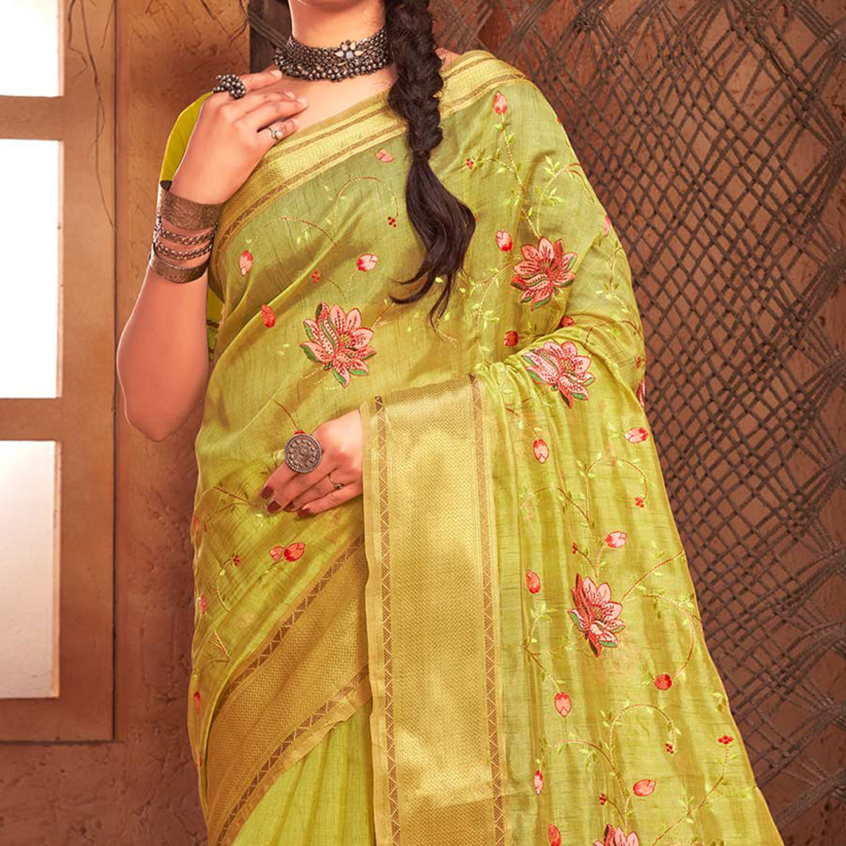green-embroidered-with-woven-border-organza-saree