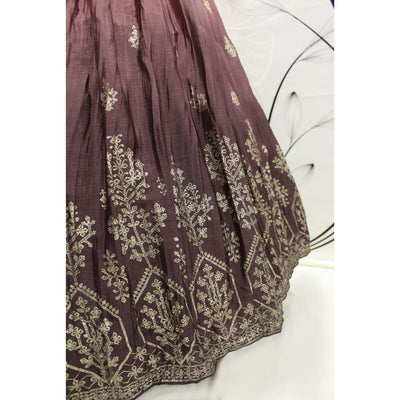Coffee & Peach Foil Printed Chiffon Lehenga Choli