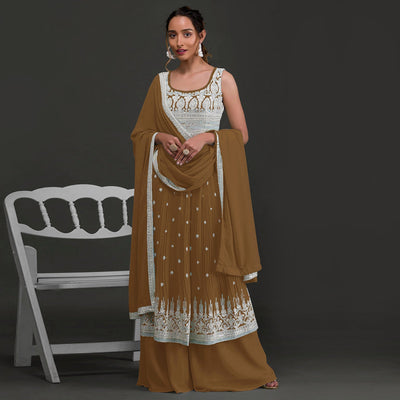 Brown Embroidered Georgette Naira Cut Semi Stitched Palazzo Suit