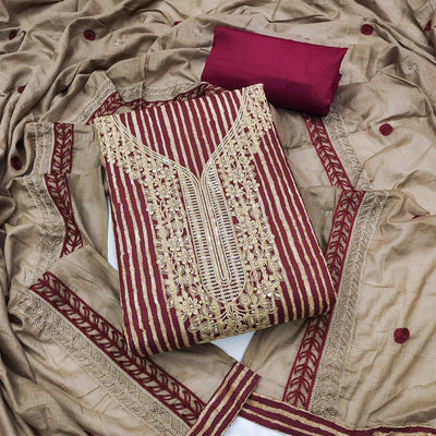 Maroon Printed With Sequins Embroidered Pure Cotton Dress Material